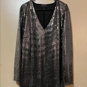 Women's Silver Sequin Long Sleeve V-Neck Dress